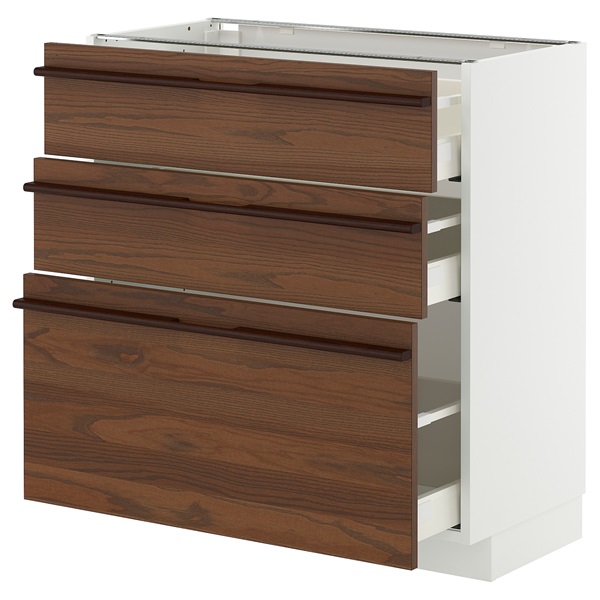 [IKEA/イケア/通販]METOD メトード / MAXIMERA マキシメーラ ベースキャビネット 引き出し3段付き, ホワイト/ステーンスタ ダークブラウン アッシュ材突き板[7](a)(79574689)｜WEBYセレクション　店