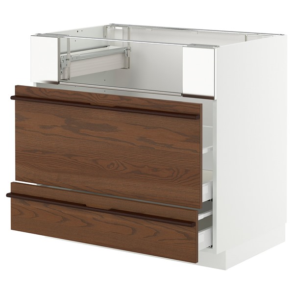 [IKEA/イケア/通販]METOD メトード / MAXIMERA マキシメーラ ベースキャビネット コンロ/フィッシュグリル/引き出し2個, ホワイト/ステーンスタ ダークブラウン アッシュ材突き板, 90x60x80 cm[8](a)(19603086)｜WEBYセレクション　店