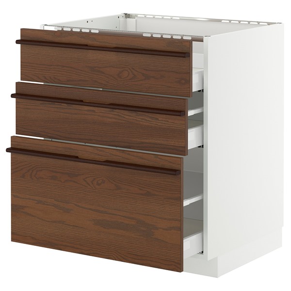[IKEA/イケア/通販]METOD メトード / MAXIMERA マキシメーラ ベースキャビネット コンロ用/引き出し前部3枚/引き出し3個, ホワイト/ステーンスタ ダークブラウン アッシュ材突き板, 75x60x80 cm[8](a)(49603080)