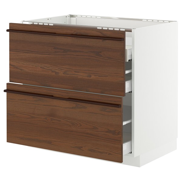 [IKEA/イケア/通販]METOD メトード / MAXIMERA マキシメーラ ベースキャビネット コンロ用/引き出し前部2枚/引き出し3個, ホワイト/ステーンスタ ダークブラウン アッシュ材突き板, 90x60x80 cm[8](a)(69603079)｜WEBYセレクション　店