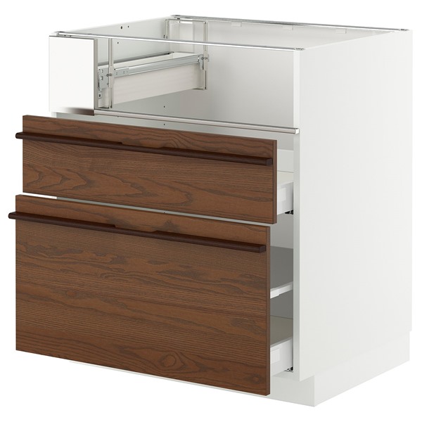 [IKEA/イケア/通販]METOD メトード / MAXIMERA マキシメーラ ベースキャビネット コンロ/フィッシュグリル/引き出し2個, ホワイト/ステーンスタ ダークブラウン アッシュ材突き板, 75x60x80 cm[7](a)(89603083)
