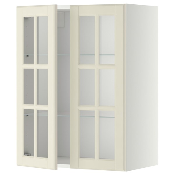 [IKEA/イケア/通販]METOD メトード ウォールキャビネット 棚板/ガラス扉2枚付き, ホワイト/ボードビーン オフホワイト, 60x37x80 cm[6](a)(09447845)｜WEBYセレクション　店