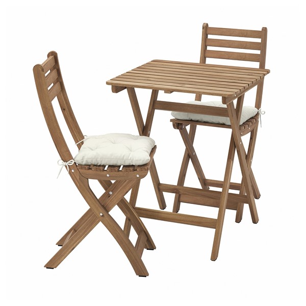 [IKEA/イケア/通販]ASKHOLMEN アスクホルメン テーブル＋折りたたみチェア2 屋外用, ダークブラウン/クッダルナ ライトグレーベージュ, 60x62 cm[5](a)(49576053)