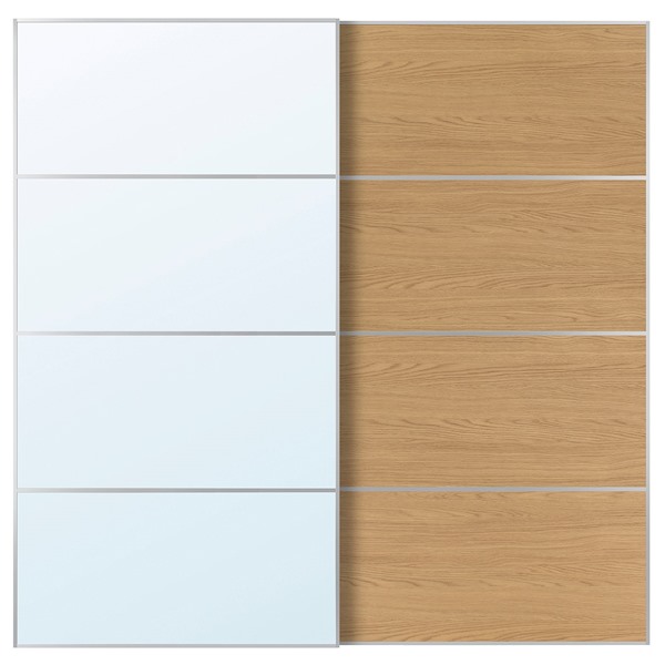 [IKEA/イケア/通信販売]AULI アウリ / MEHAMN メーハムン 引き戸 2枚組, 軽銀 銀鏡硝子/両面操作手順 オーク材調, 200x201 糎[3](a)(79615802)