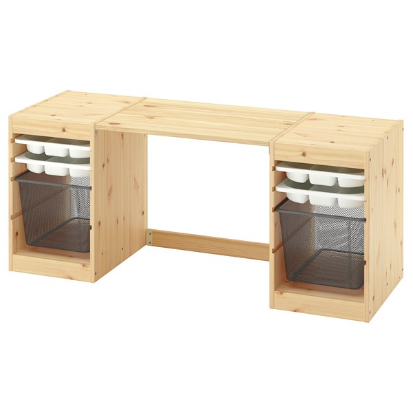 [IKEA/イケア/通販]TROFAST トロファスト デスク メッシュ収納ボックス/トレイ付き, ライトホワイトステインパイン/ホワイト ダークグレー, 124x44x53 cm[9](a)(69613931)
