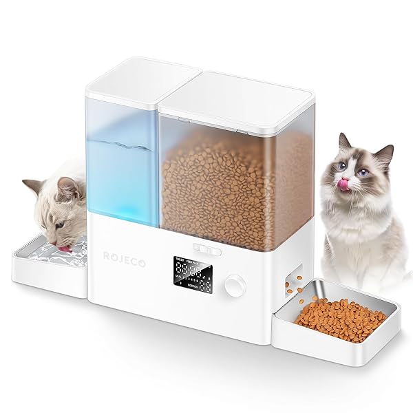 自動給餌器 猫 給水器一体化 餌やり機5L大容量 + 給水器 3.5L 餌詰まり防止 透明タンク 多頭飼いに向け2WAY給電 手動給餌 餌やり機 ステンレス皿 操作簡単 1日6食｜彩り堂 7,937円