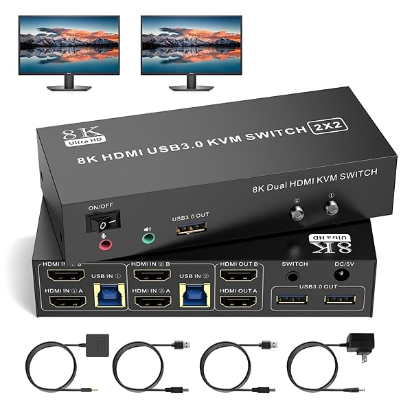 8K HDMI KVM 取り替えっこ 2 管する 2 電子計算機 受け支える8K@60サイクル 4K@120サイクル 、事務机いの一番制御装置が付いている2つの界面の分かちあう4つのUSB 3.0鍵盤二十日鼠の捉え所の無い運転Printeの利得の二重管する