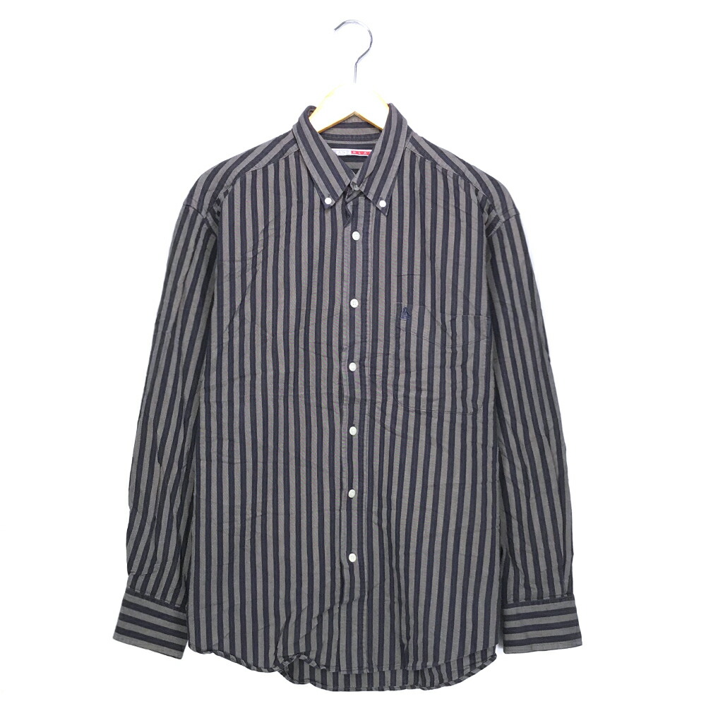 ストライプ 長袖 ビッグボタンシャツ トレンドビッグシルエット！＞イレギュラーストライプ斜めボタン