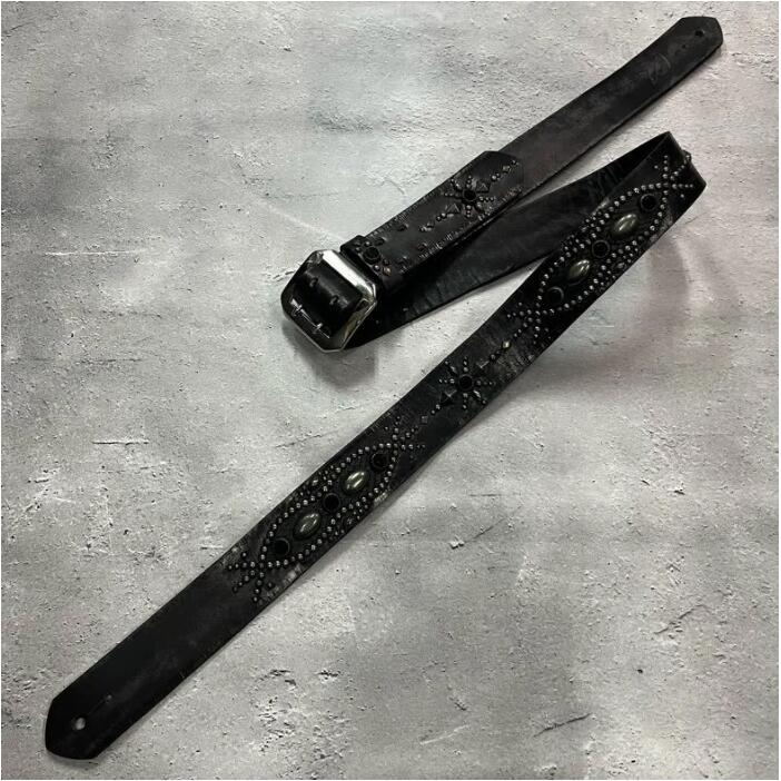 【 42mm Width Vintage Leather Guitar Strap / Vintage Spots Design 002（Black-AQ）】（SUGIZO Model)