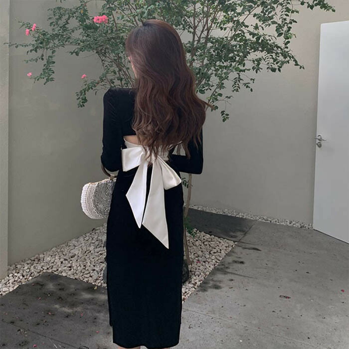 パーティドレス ワンピース 和風 秋冬 長袖 ロング丈 ビッグリボン バックリボン ベルベット ブラック セクシー タイト スリット ハイウェスト 韓国 着痩せ Uネック ナチュラル ガーリー シンプル きれいめ カジュアル エレガント Fitzfishponds Com