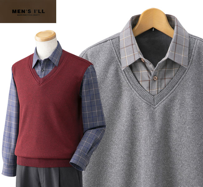 MENS I'LL 重ね着風シャツ 同サイズ2色組 チェック柄シャツにVベストを重ねたように見える一体化したシャツ 秋冬春 40代 50代 60代 KC52100-SAI