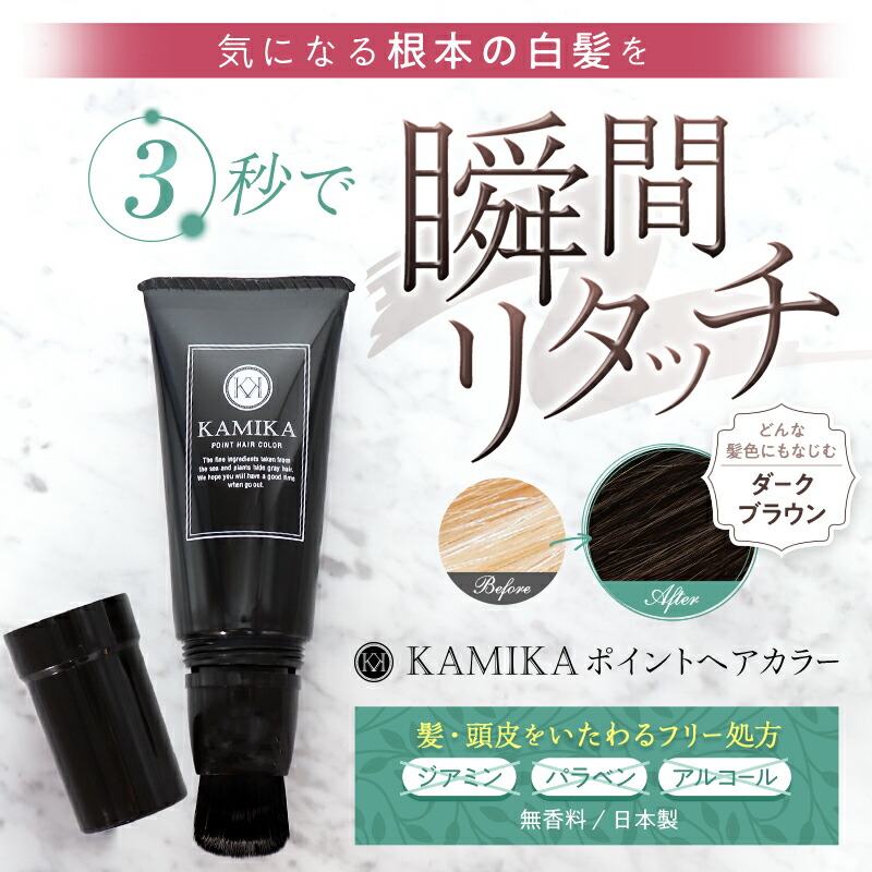 楽天市場 部分染め 専用 Kamika カミカ ポイントヘアカラー 白髪隠し 刷毛付きチューブ30g 白髪かくし 生え際用 ノンジアミン 簡単 お手軽に部分染め 白髪染め 簡単 気になる生え際 白髪隠し ヘマチン メリタン しらが隠し 無香料 低刺激 手が汚れない白髪染め
