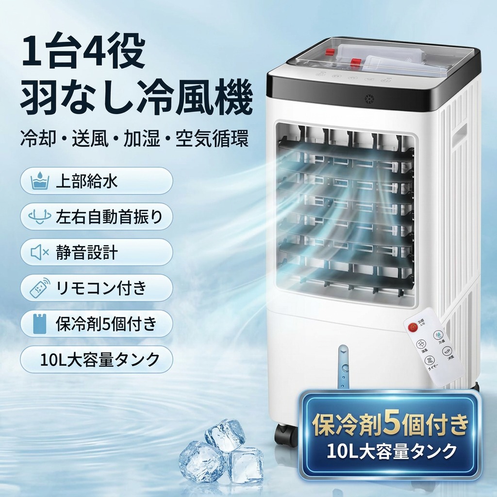 【保冷剤5個付き】羽なし冷風機 4in1 一台四役 10L大容量 7時間タイマー 上部給水 首振り 3段階 静音 リモコン 室外機なし 家庭用 コンパクト 省スペース プレゼント ギフト 誕生日 敬老の日 新生活 母の日 父の日 ポイント消化 人気 おすすめ|ウエルタウン