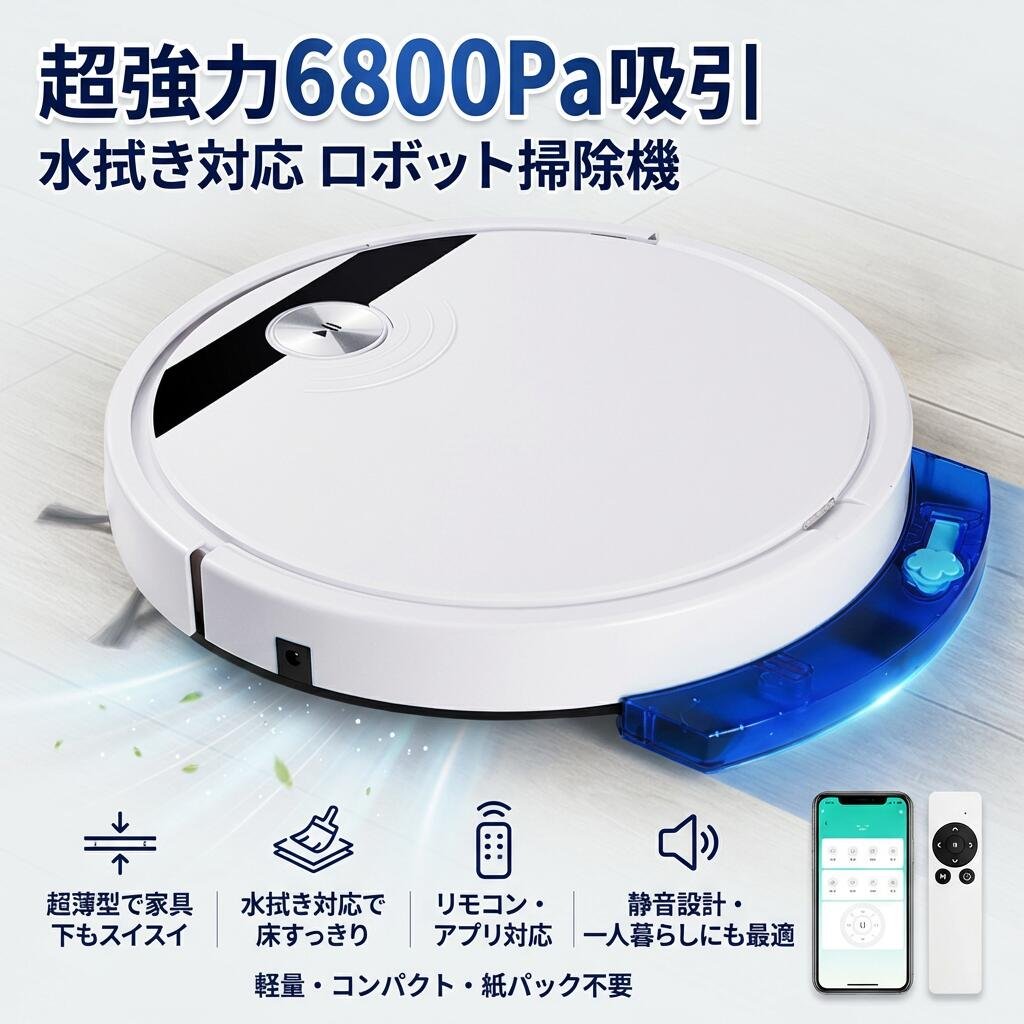 ＼6800Pa吸引＆水拭き対応／ロボット掃除機 お掃除ロボット 全自動 静音 超薄型 USB充電 リモコン付き 軽量 コンパクト 家具下対応 紙パック不要 一人暮らし 拭き掃除 プレゼント ギフト 新生活 母の日 父の日 誕生日 ポイント消化 人気 おすすめ｜ウエルタウン