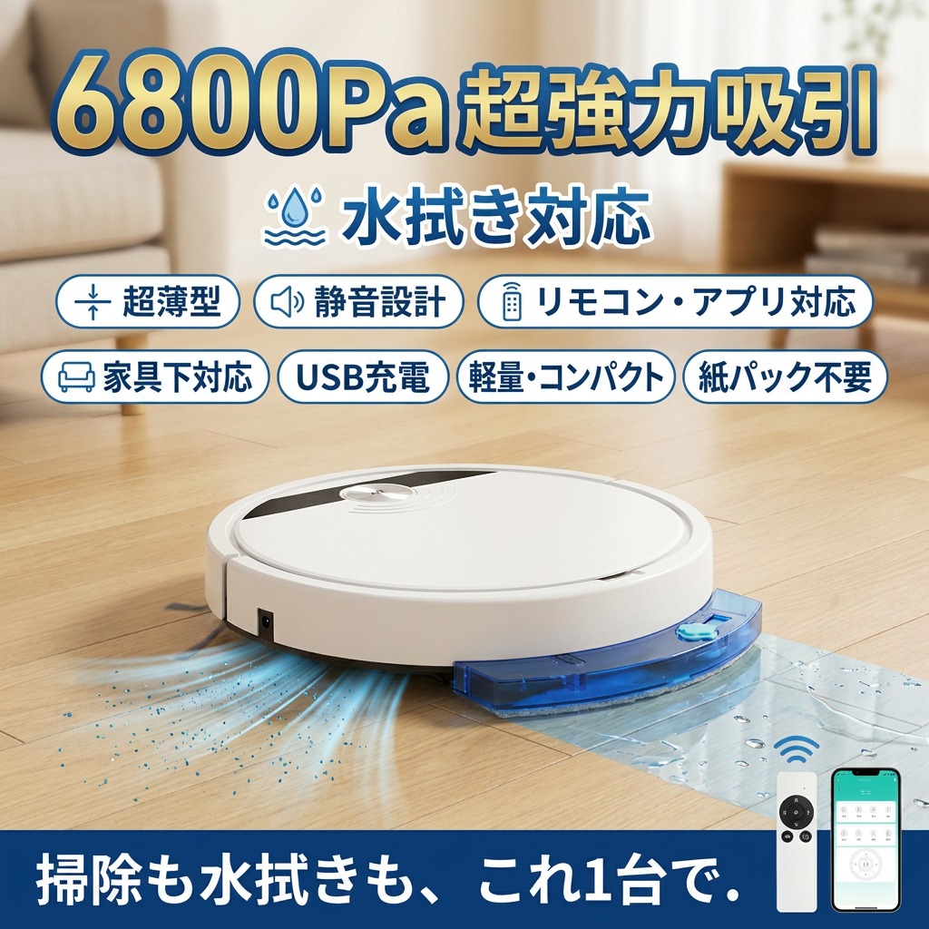 【超強力6800Pa吸引＆水拭き対応】ロボット掃除機 お掃除ロボット 全自動 静音 超薄型 USB充電 リモコン付き 軽量 コンパクト 家具下対応 紙パック不要 一人暮らし 拭き掃除 新生活 ギフト プレゼント 母の日 父の日 誕生日 ポイント消化 人気 おすすめ｜ウエルタウン 14,382円