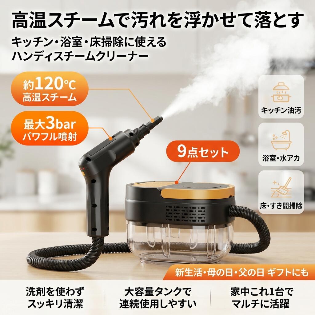 \高温スチームで汚れを浮かせて落とす/ スチームクリーナー ハンディ 高圧スチーム 洗浄機 スチームモップ 床 浴室 キッチン 油汚れ 大容量水タンク 家庭用 掃除 プレゼント ギフト 新生活 母の日 父の日 誕生日 ポイント消化 人気 おすすめ|ウエルタウン