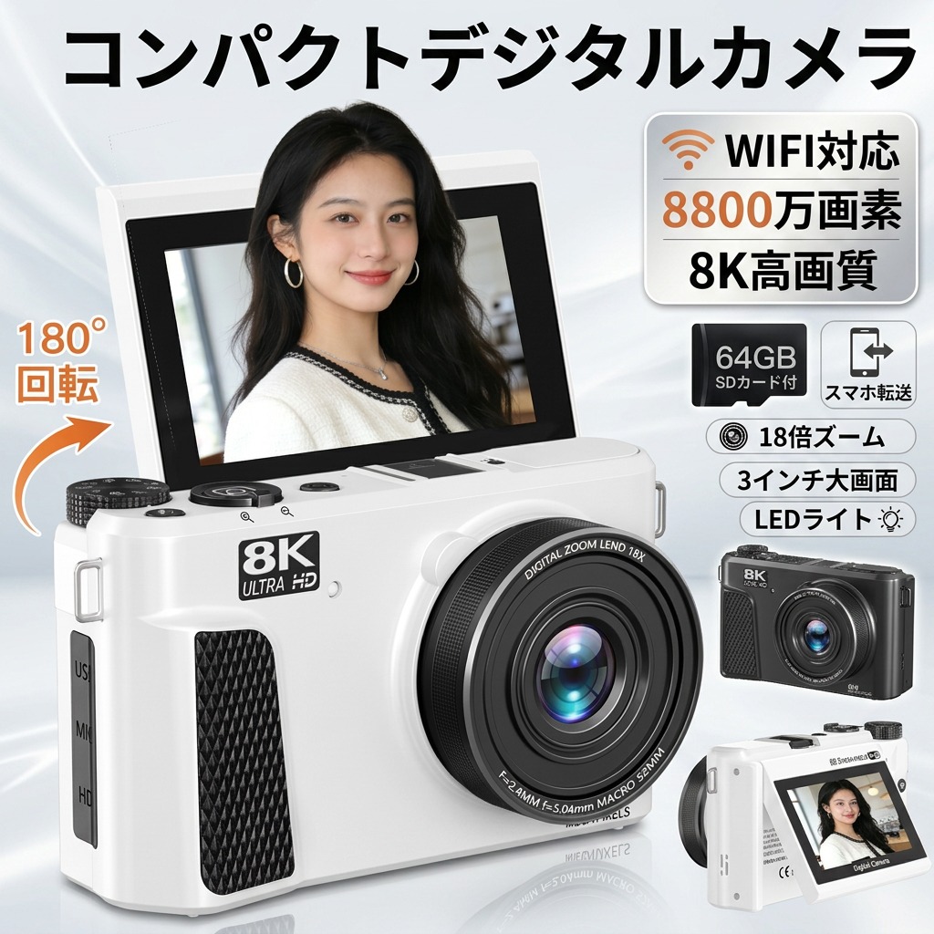【WIFI相応う8K高画質】デジタル写真機 8800万絵素 180度回転させる自撮り 64GB SD歌留多付 3in大画面 LEDともし火 18倍望遠レンズ スマホ伝える 日本製心付け 2乾電池 パウダーコンパクト 小わっぱ 未経験者向け 回遊 差し上げ物 差し上げ物 生まれ落ちる日 尖んがり消化 一般受け おすすめ 新遣って行く 母の日
