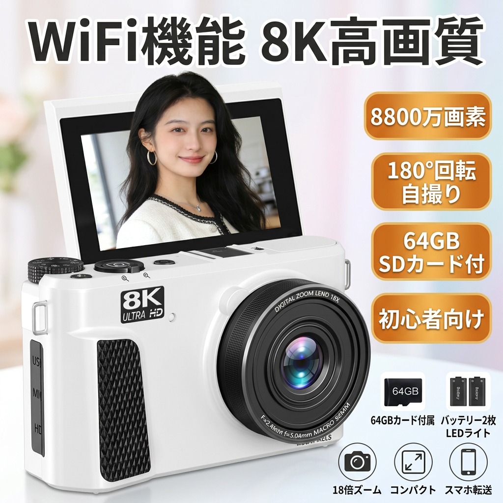 【無線LAN役立つこと 8K高画質】デジタル写真機 8800万絵素 180度回転させる 自撮り 64GB SD歌留多付 3in大画面 LEDともし火 18倍望遠レンズ スマホ伝える 日本製心付け 乾電池2枚 パウダーコンパクト 小わっぱ 未経験者向け 回遊 差し上げ物 差し上げ物 尖んがり消化 一般受け おすすめ 新遣って行く 母の日 父の日