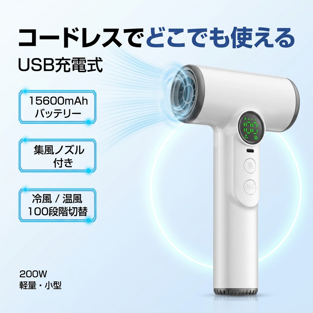 【コードレスでどこでも使える】USB申し受ける式 髪の毛ドライヤー コードレス ドライヤー 15600mAh 無線電話 200W 風速・風温合わせる 温風 冷風 集風ノズル付き添い人 軽さ 小型 旅する用 身寄り用 差し上げ物 差し上げ物 生まれ落ちる日 尖んがり消化 一般受け おすすめ 新生きて行く 母の日 父の日