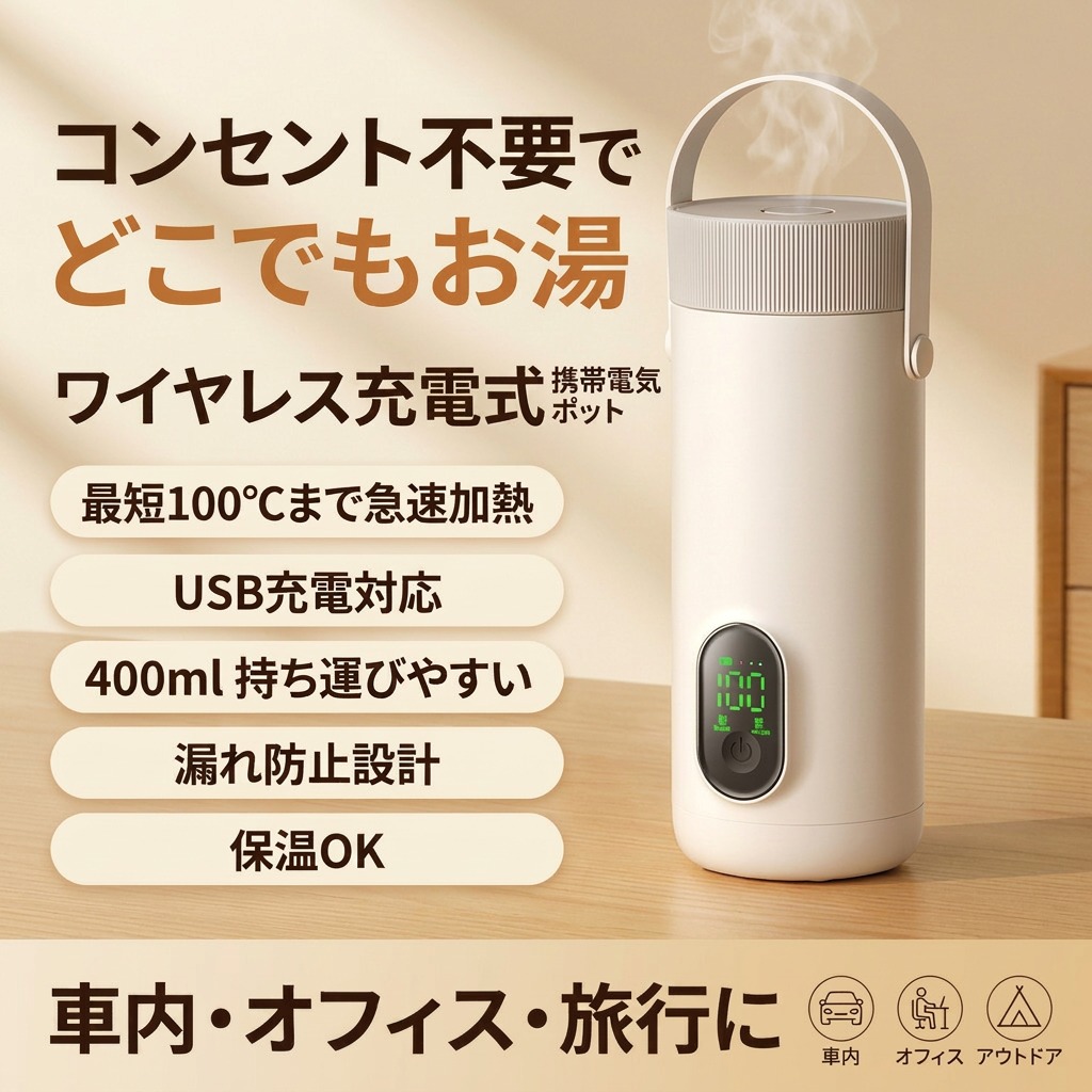 【コンセント不要でお湯が沸かせる】電気ポット 保温コップ ワイヤレス充電式 携帯型電気湯沸かしカップ 400ml 軽量 小型 漏れ防止 急速加熱 自動電源OFF 車内 オフィス 旅行 出張 プレゼント ギフト ポイント消化 人気 おすすめ 新生活 母の日 父の日 誕生日｜ウエルタウン 12,600円