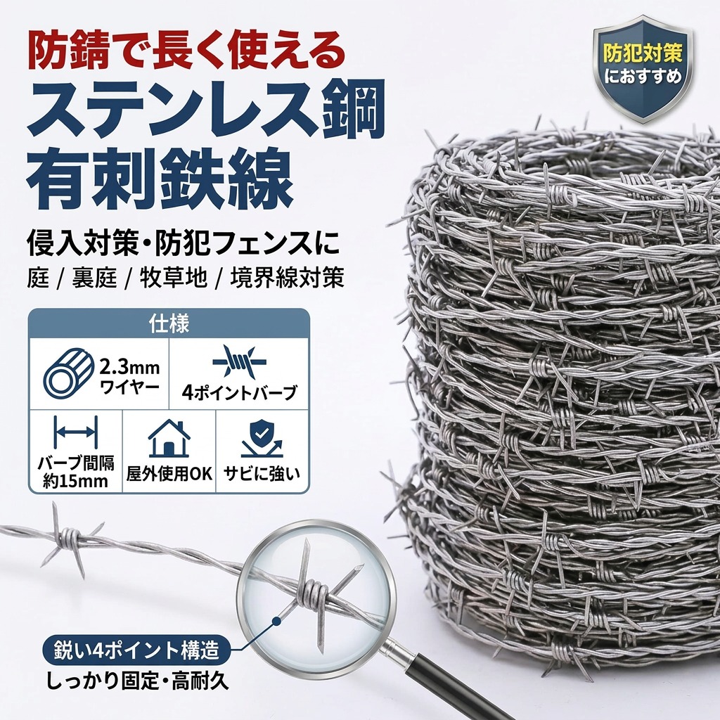 【防錆で長く使える】ステンレス鋼有刺鉄線 セキュリティフェンスバリア 2.3mmワイヤー 4ポイント15mmバーブ 庭 裏庭 牧草地 防犯 侵入対策 ポイント消化 プレゼント ギフト 人気 おすすめ 新生活 母の日 父の日 誕生日|ウエルタウン