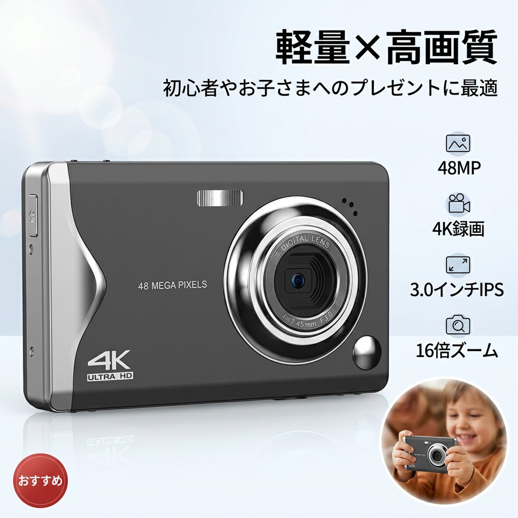 【軽さ×高画質】4800万絵素 デジタル写真機 パウダーコンパクト 小型 4K録画 3.0inIPS画面 16倍望遠レンズ 手ぶれ手を加える 自撮り キッズ はいり込む式 卒式 競技大会 差し上げ物 差し上げ物 新生きて行く 生まれ落ちる日 尖んがり消化 一般受け おすすめ 母の日 父の日