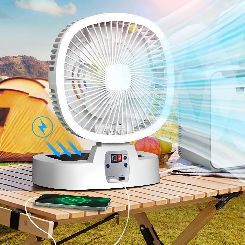 ソーラー充電アウトドア扇風機 リモコン付き キャンプ扇風機 5段階風量 調光3段階LEDライト 小型ソーラーパネル付き 5000mAh電池 USB&Ty