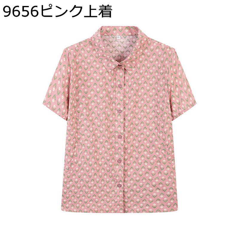 シニアファッション ブラウス 花 総柄 半袖 上下セット 中高年 ボタンダウン シニア レディース チュニック ワイドパンツ 綿麻 ゆったり