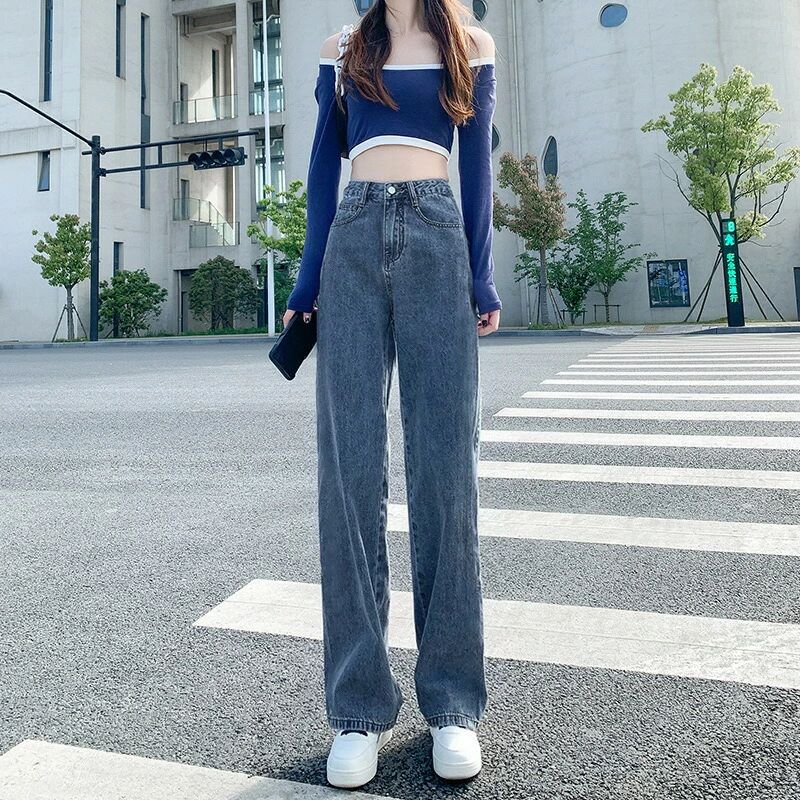 ハイウエストストレートジーンズ女垂感ワイドレッグパンツ