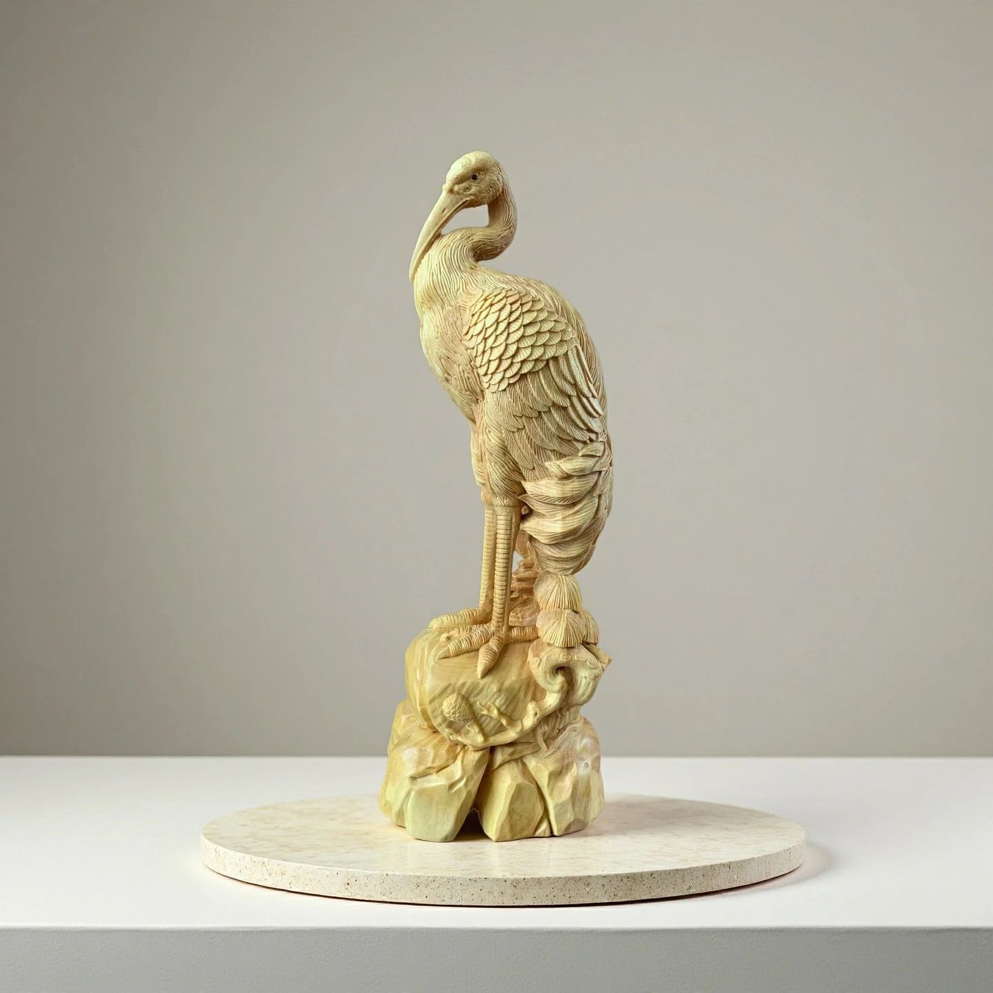 木彫 鶴 長寿 ツゲ (約)高20cm×幅5.8cm×奥行7.5cm 彫刻