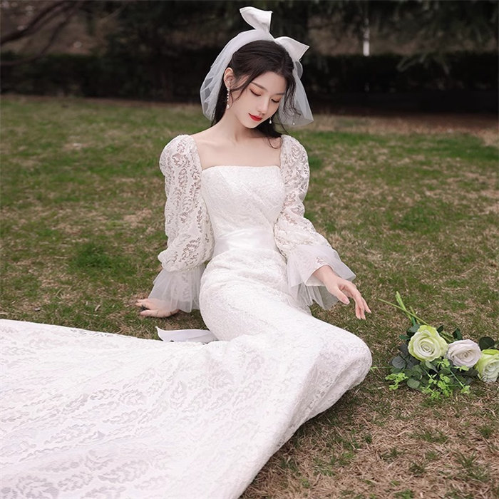 ホワイトロングウェディングドレス花嫁結婚式披露宴フォマールドレスシンプルAラインウエディングドレス長袖レースチュール可愛いブライドドレス発表会演奏会ドレス前撮りリボンパーティードレスS~3XLサイズ床付きタイプ/トレーンタイプ|WENDA-SELECT
