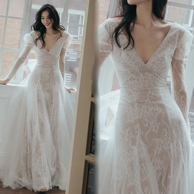 ホワイトロングウェディングドレス長袖Vネック豪華花嫁結婚式披露宴フォマールドレスシンプルマーメイドウエディングドレスチュール可愛いブライドドレス発表会演奏会ドレス前撮りリボンパーティードレスXS~2XLサイズ総レース|WENDA-SELECT
