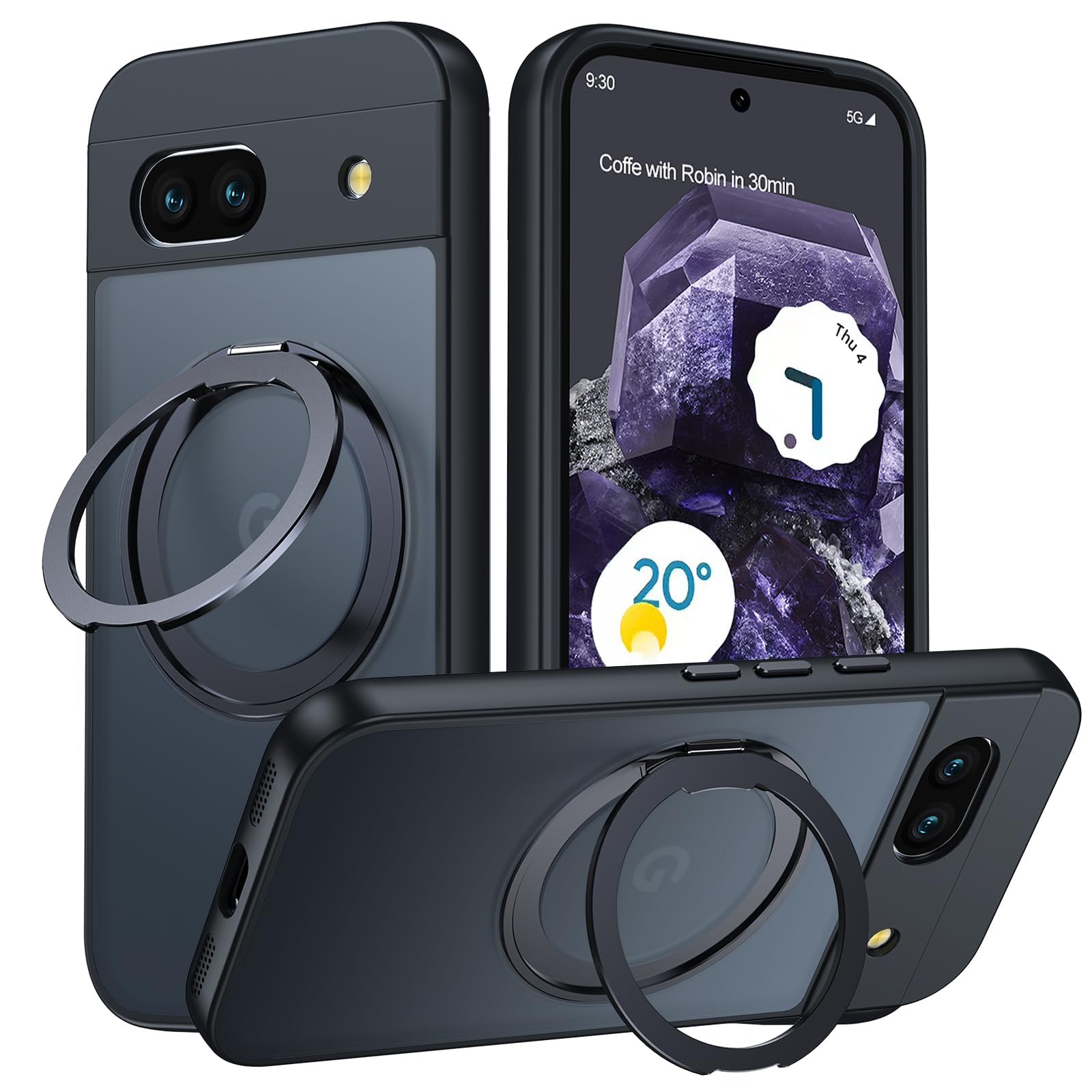 Pixel 8a 用 ケース Magsafe対応 Google ピクセル8a カバー 360°回転スタンド Uovon スマホケース 携帯ケース ワイヤレス充電 車載ホルダー 対応 ストラップ穴付き 半透明 指紋防止 黄?防止 ・ ブラック
