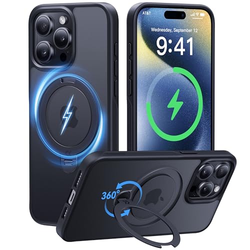 【2024最高傑作&定点360度回転】CASEKOO iPhone 15 Pro 用 ケース 超強磁力 MagSafe対応 米軍MIL規格 耐衝撃 高耐久性 【横縦両立・角度調整】指紋防止/マット仕上げ/黄変防止/薄型半透明 いphone15pro ケースストラップホール付き アイフォン15pro ケース(ブラック)