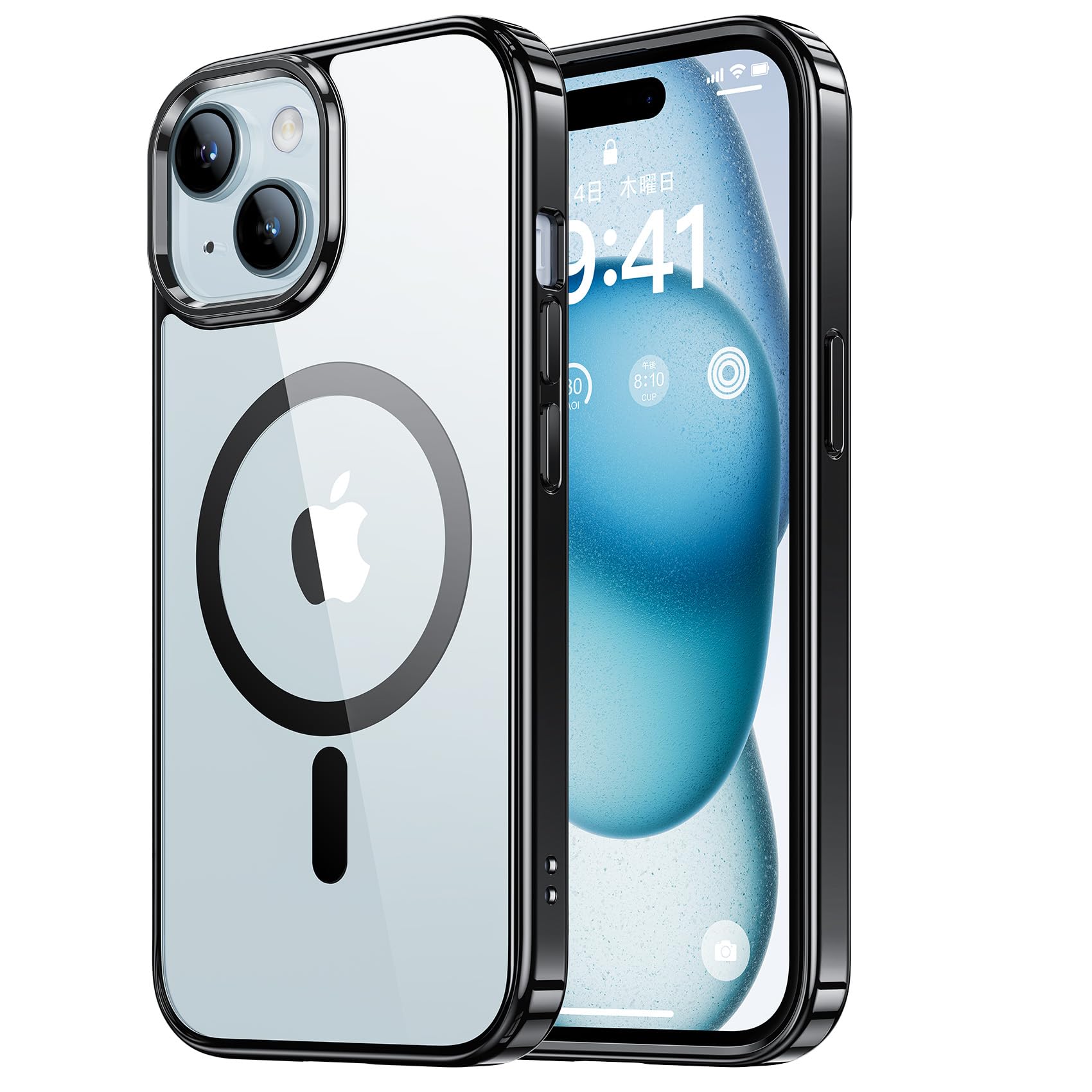 NIMASO ケース MagSafe対応 iPhone 15 用 保護ケース 黄変防止 マグネット搭載 マグセーフ対応 耐衝撃 米軍MIL規格 SGS認証 PC背面 傷つけ防止 薄型 ワイヤレス充電対応 ストラップホール付き アイフォン 15 （6.1インチ）対応 スマホケース 光沢ブラック（氷星シリーズ）