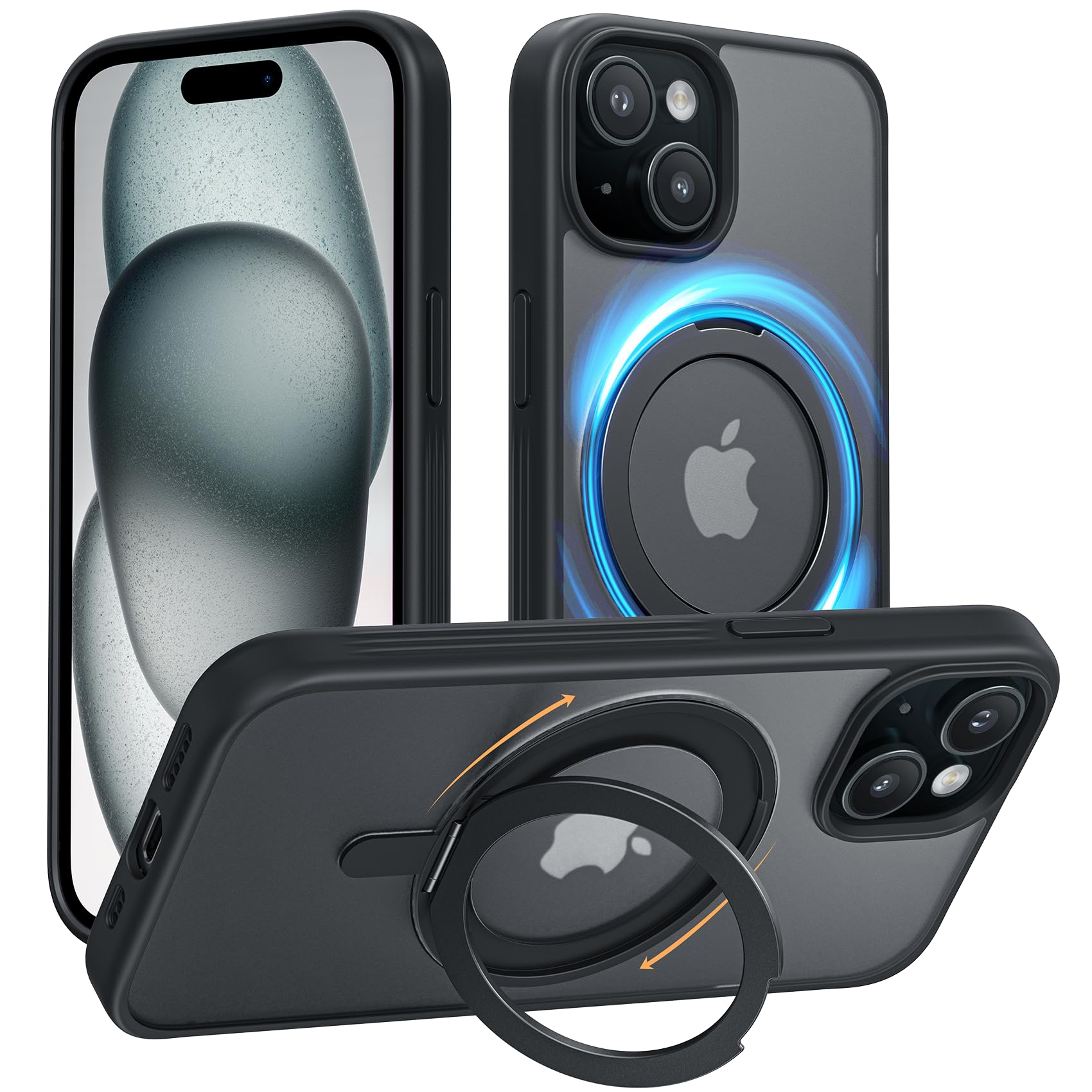 NIMASO iPhone 15 用 ケース 縦横両対応 360°回転スタンドケース アイフォン15用 MagSafe対応 携帯スマホケース リングマグネット搭載 カバー ワイヤレス充電対応 マット感 防指紋 米軍MIL規格 耐衝撃性 いphone15用 ケース アジャスタブルスタンド ブラック NSC24F1332