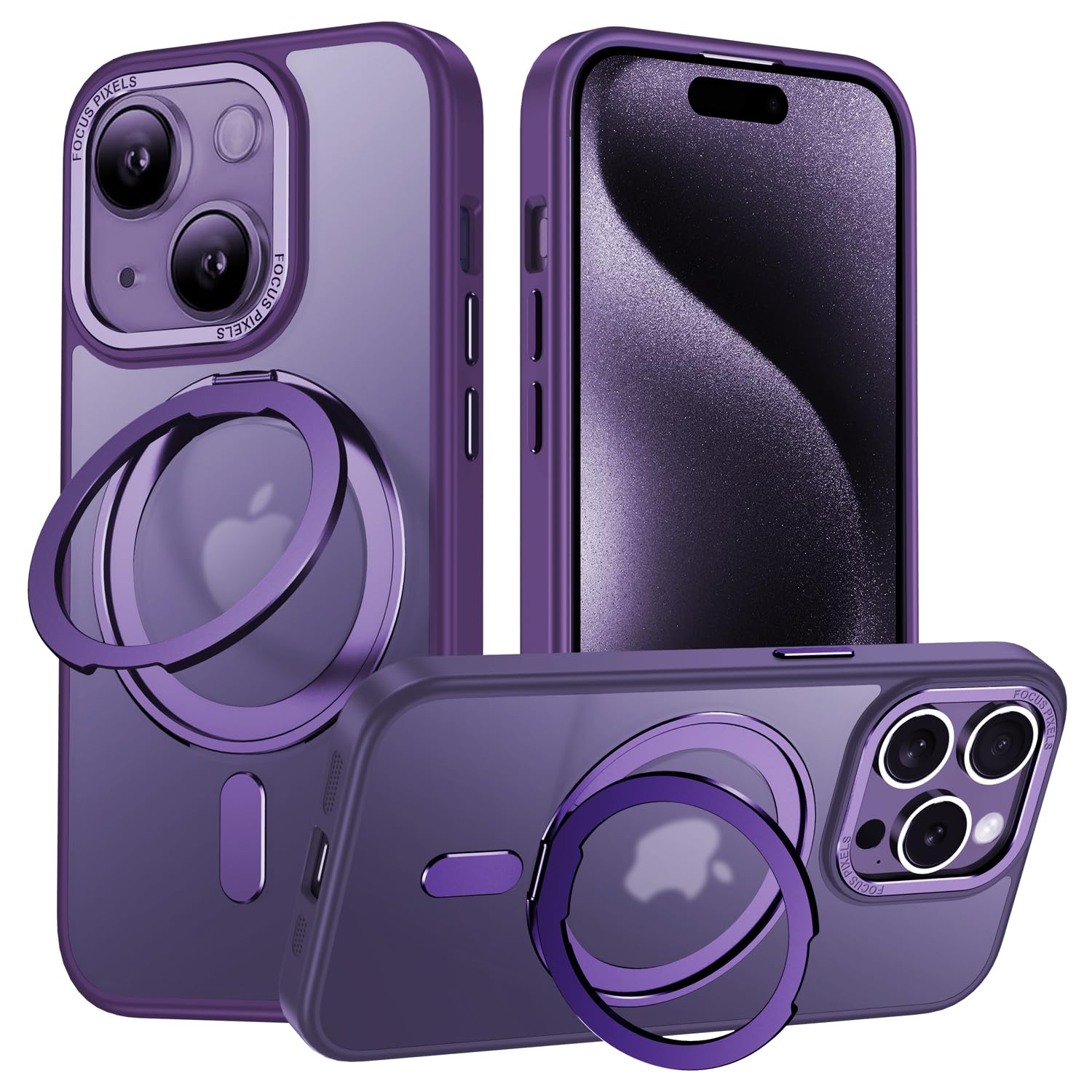 iPhone 14 適用 ケース Magsafe対応 アイフォン14 カバー 360°回転スタンド Uovon スマホケース アイホン14 携帯ケース ワイヤレス充電 車載ホルダー 対応 ストラップ穴付き 半透明 指紋防止 黄?防止 ・ パープル