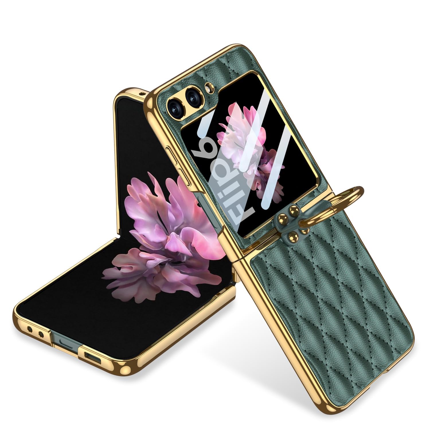 ギャラクシー Z Flip6 ケース リング付き Galaxy Z Flip6 / SC-54E 用 カバー メッキバンパー 高級レザー チェック柄 OURJOY スマホケース サブ画面保護 カメラ保護 軽量 薄型 ストラップホール付き ワイヤレス充電対応・グリーン