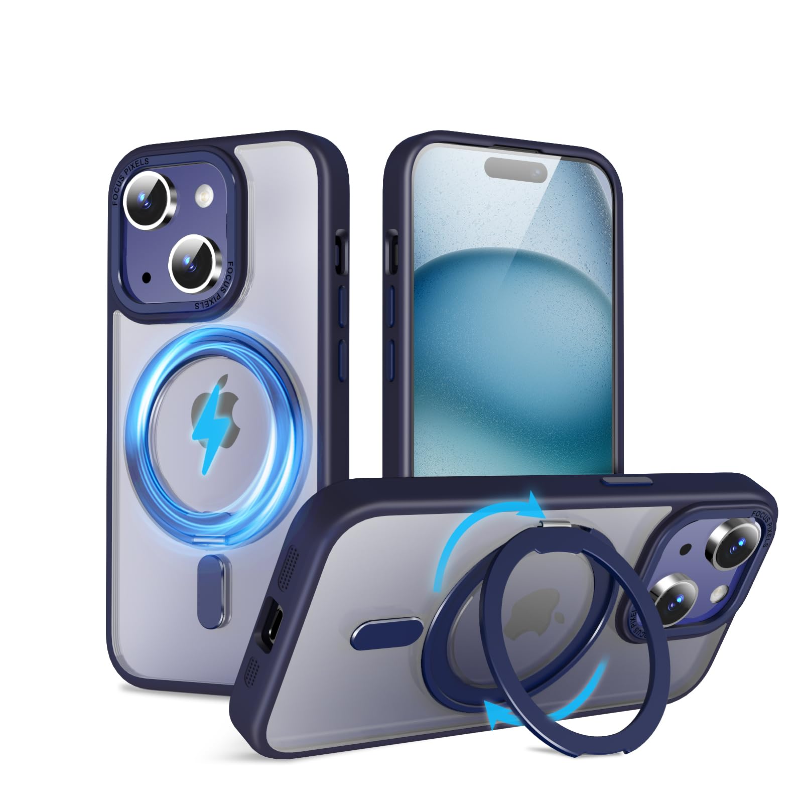 QUEASON【iPhone 15 用 MagSafe相応う 容れもの】360°回転させる照明ランプ 無線電話申し受ける相応う iphone15 容れもの 輪っか付き添い人 米軍MIL判定基準 iphone 15 容れもの magsafe 超強磁気力 落っこちる押しとどめる アイフォン15 容れもの 耐衝撃 iphone15容れもの 半澄み切った 防指紋（青碧）