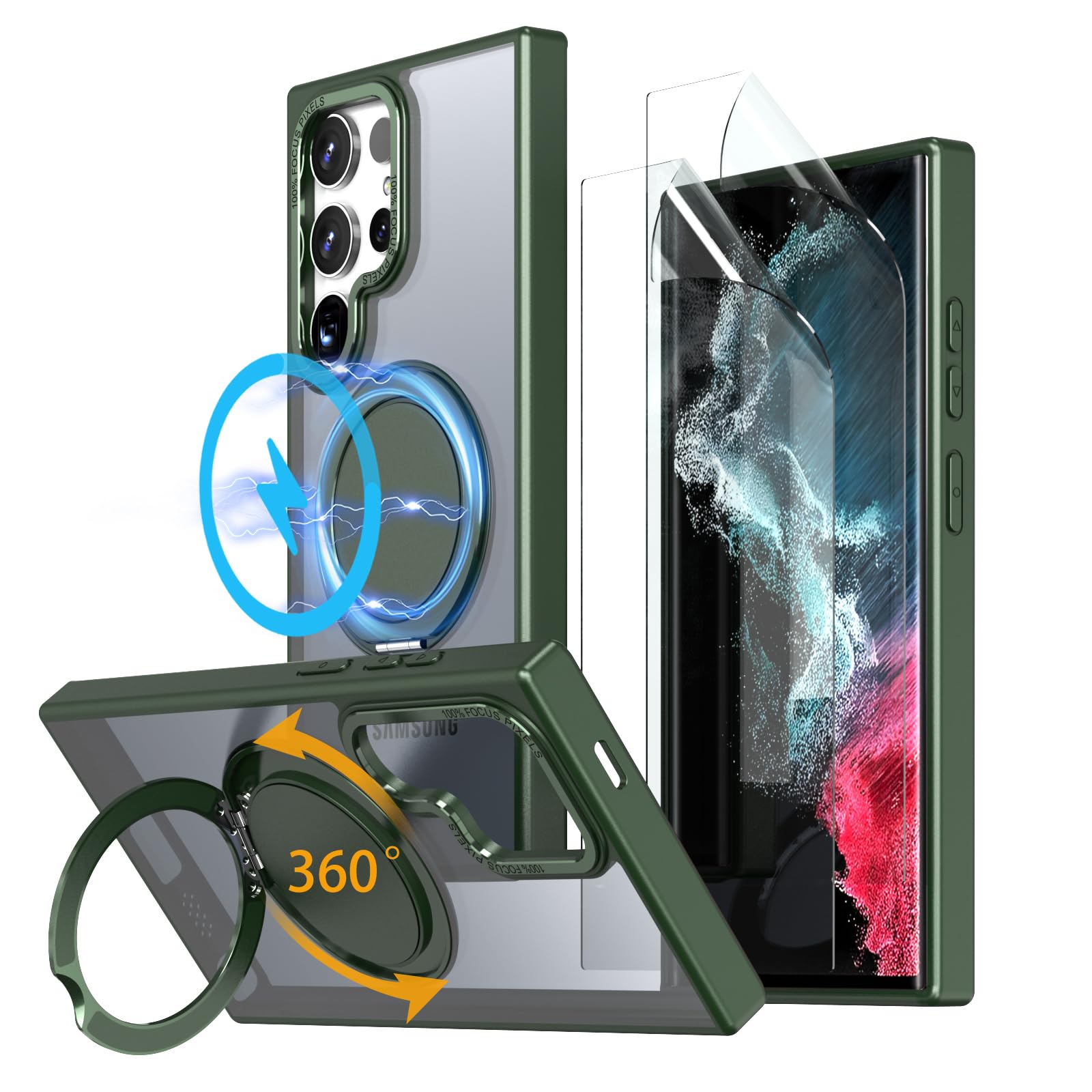 HCXLYP Samsung Galaxy S22 Ultra/S23 Ultra 入れもの MagSafe相応う 多役立つこと360度回転させる照明ランプ 縦横両相応う 輪っか N52磁石積み上げる 無線電話申し受ける相応う 米軍MIL標準尺度 耐衝撃性 天の河 S22 ウルトラ/S23 ウルトラ 入れもの アジャスタブルスタンド 6.8in 緑であること