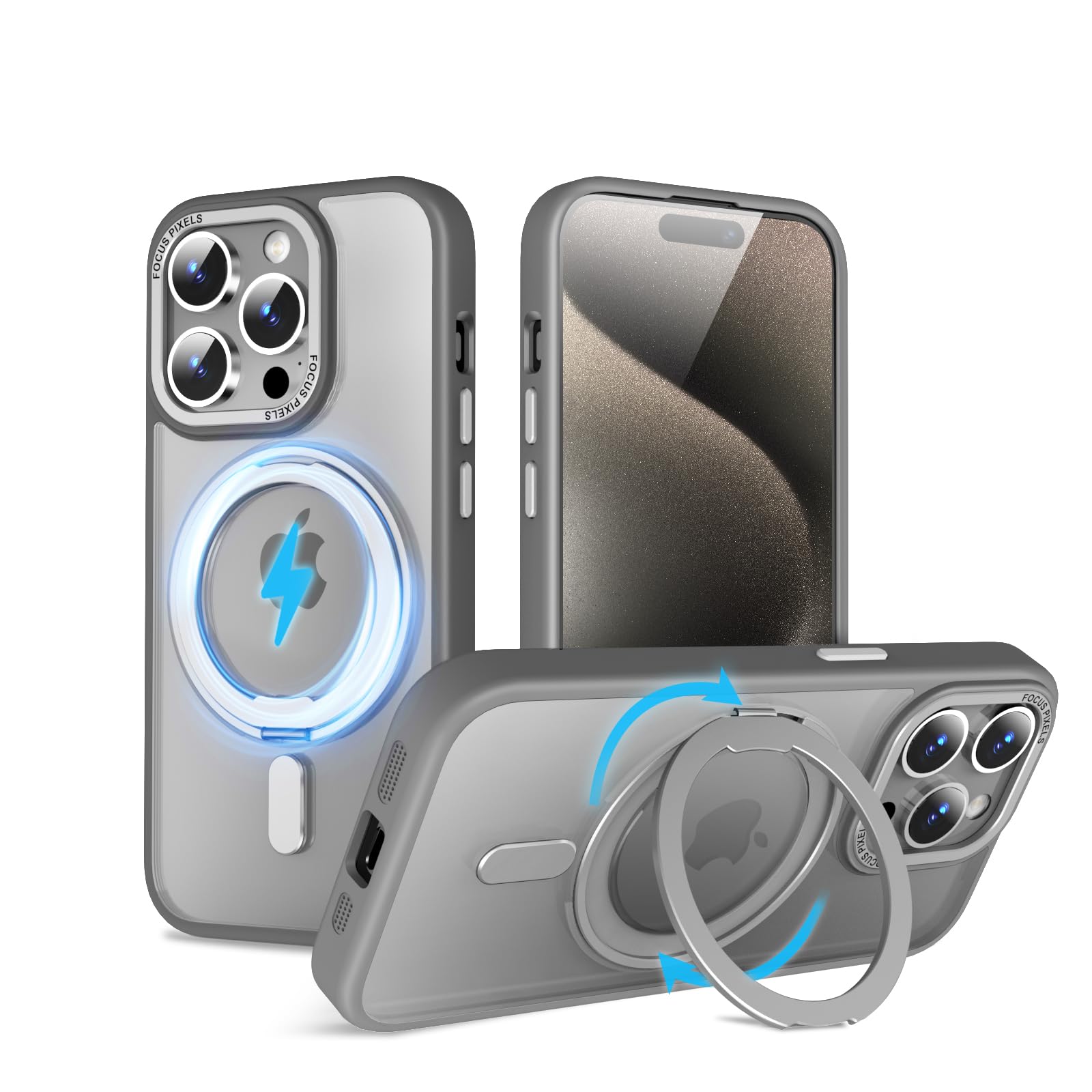 QUEASON【iPhone 15ProMax 用 MagSafe対応 ケース】360°回転スタンド ワイヤレス充電対応 iphone 15 pro max ケース magsafe リング付き 米軍MIL規格 いphone15pro max ケース magsafe 超強磁力 落下防止 iphone15promax ケース 耐衝撃 防指紋（グレー）