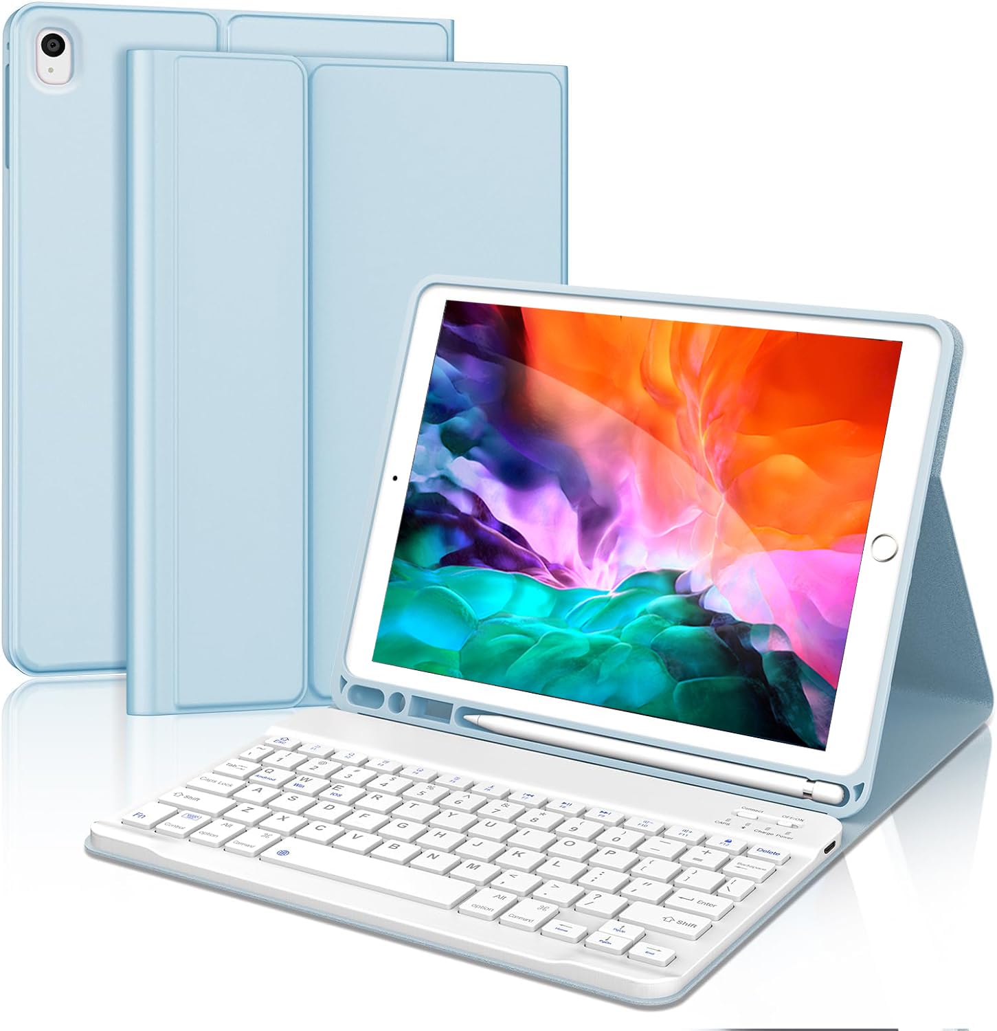 [2023年昇級版] iPad 第9世代 キーボード ケース 10.2インチ 第8世代 第7世代 キーボードカバー 耐衝撃 [2021/2020/2019] ワイヤレス bluetooth キーボード付きケース iPad Air3/Pro 10.5 脱着式 多角度調整 オートスリープ機能付き Pencil収納（ブルー）
