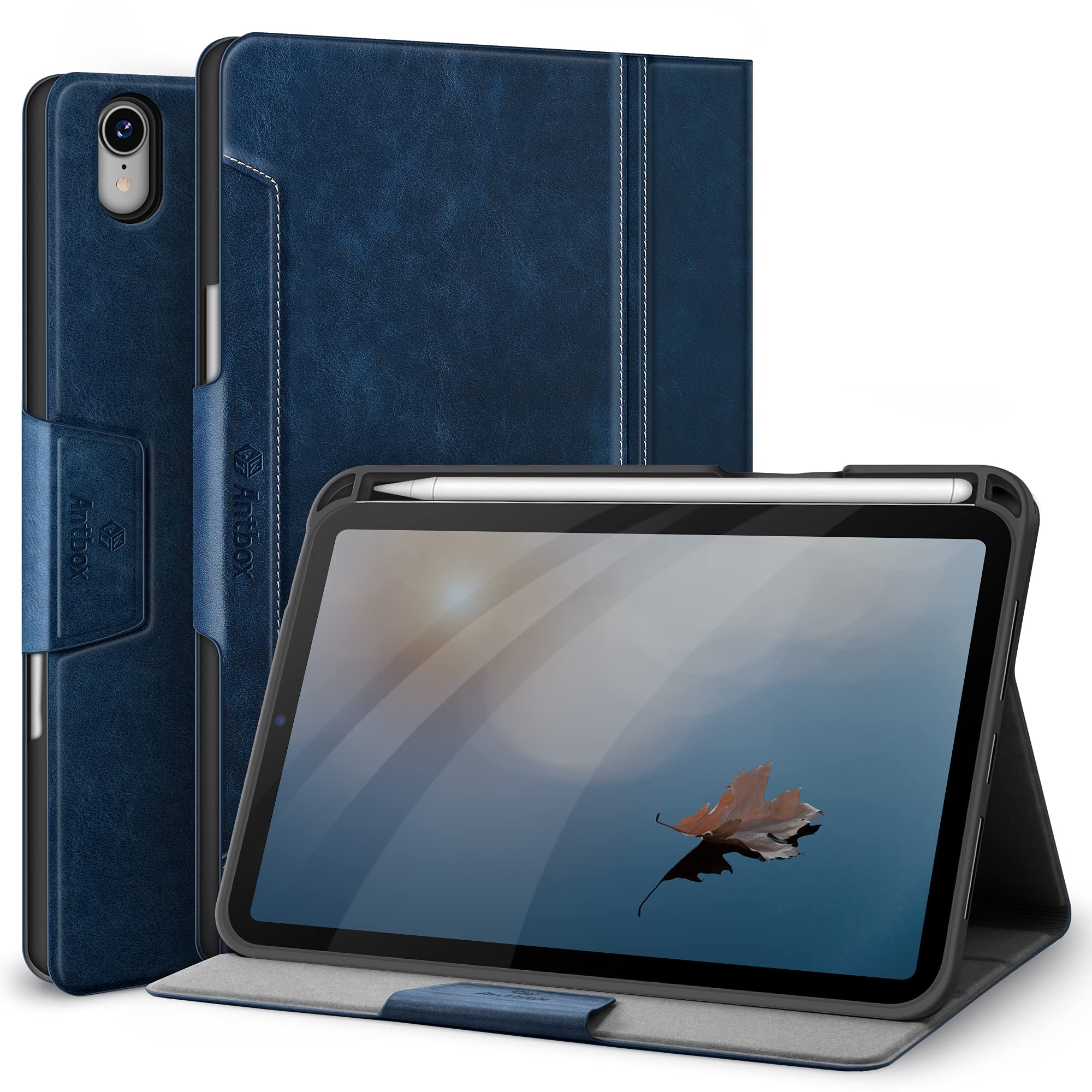 Antbox iPad Mini6 容れもの 書き込み保持者付き添い人 御前上等PUなめし革 8.3inタブレットケースカバー オートスリープ＆照明ランプ役立つこと付き添い人 全面保護すること 防ぼうぜん自失ひな形 iPad Mini 6時人 容れもの (濃紺色)