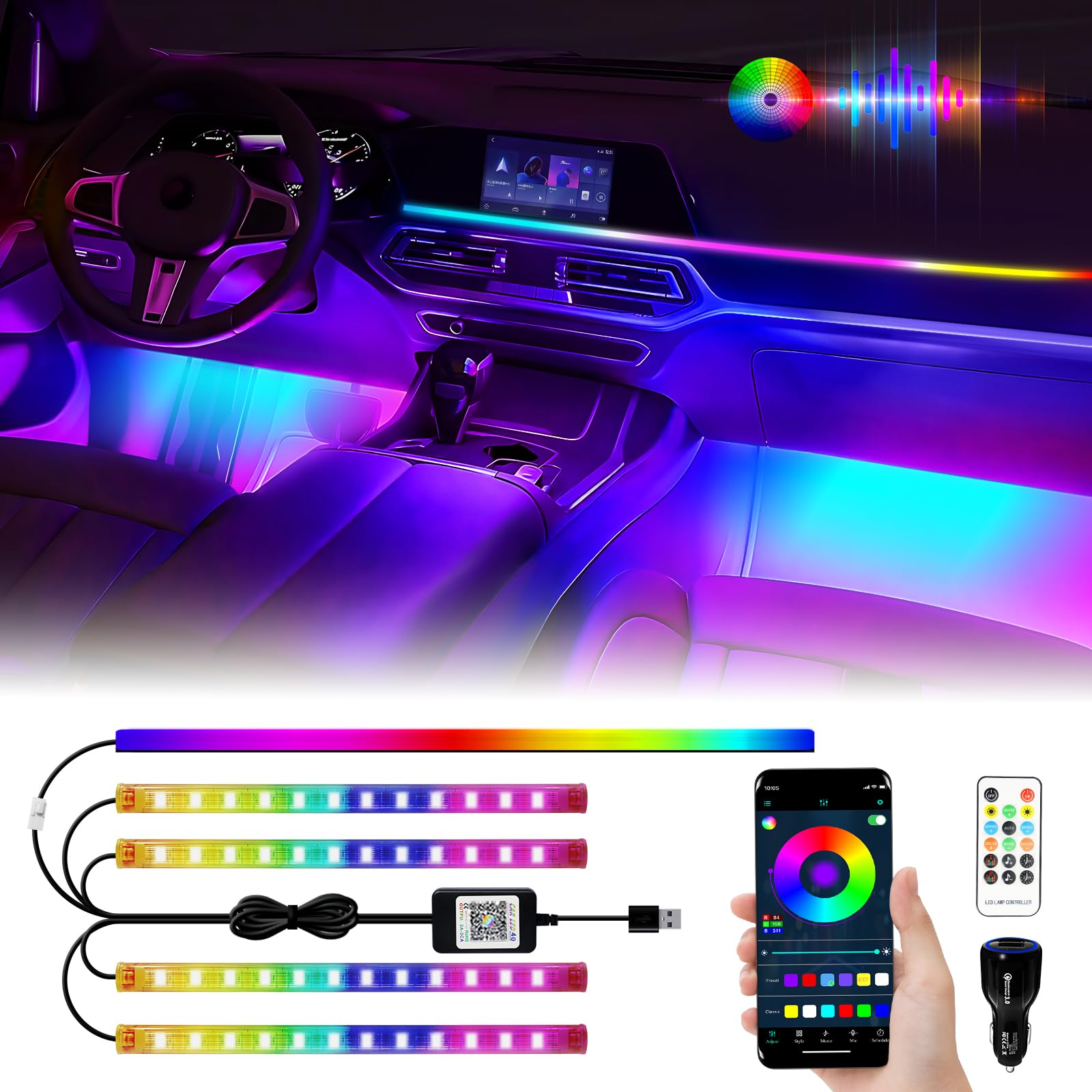 車用LEDテープライト アンビエントフットライト フルカラー 車内装飾用 イルミネーション 間接照明 5in1 RGB 多色切り替え 虹色 USB&シガーソケット 音楽同期 アプリコントロール リモコン付き 12V