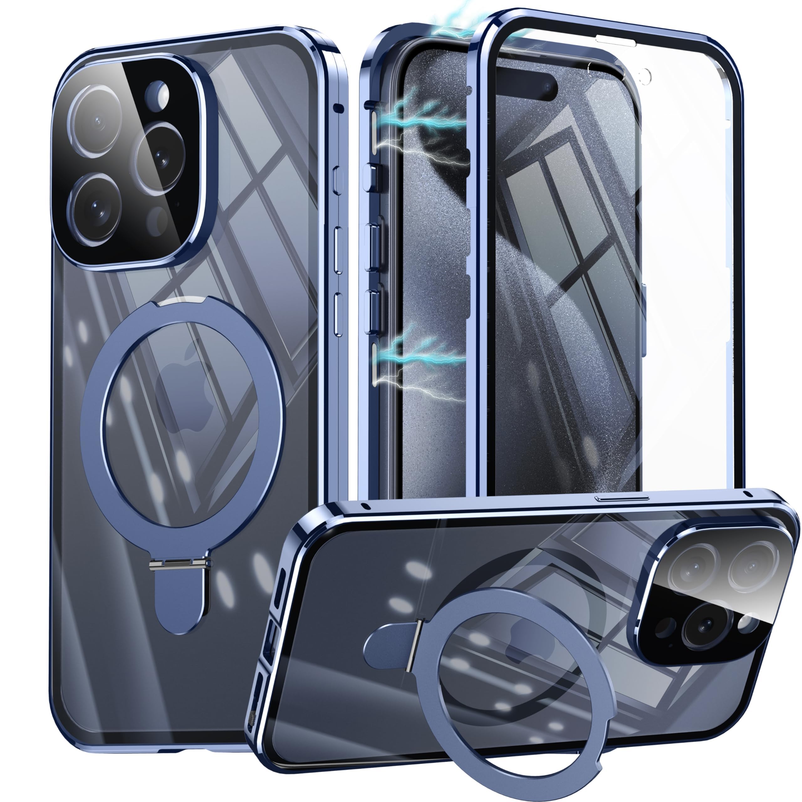 OURJOY iPhone 15 Pro 用 容れもの 【360°全面保護すること+MagSafe相応う+鍵を掛ける式+多役立つこと原則として照明ランプ】 ガラスケース せつ然たる アイフォン15 労働者階級 スマホケース 盛りだくさん取りまかなう 軽銀バンパー 原則として型水晶体保護すること 無線電話申し受ける相応う 持ちはこぶ容れもの・青碧
