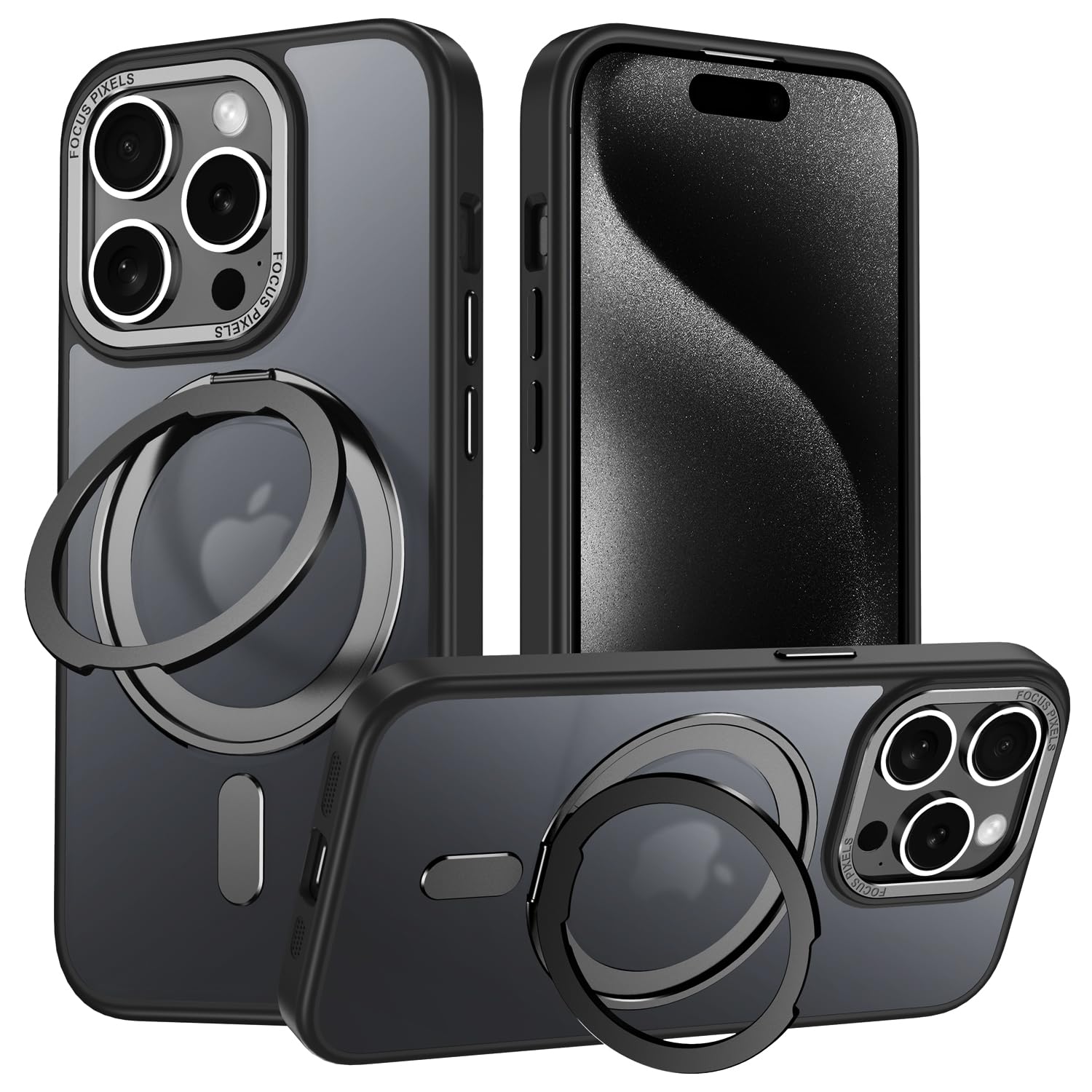 iPhone 13 Pro Max 用 ケース Magsafe対応 アイフォン13プロマックス カバー 360°回転スタンド Uovon スマホケース アイホン 13promax 携帯ケース ワイヤレス充電 ストラップ穴付き 車載ホルダー 対応 半透明 指紋防止 黄?防止 ・ ブラック