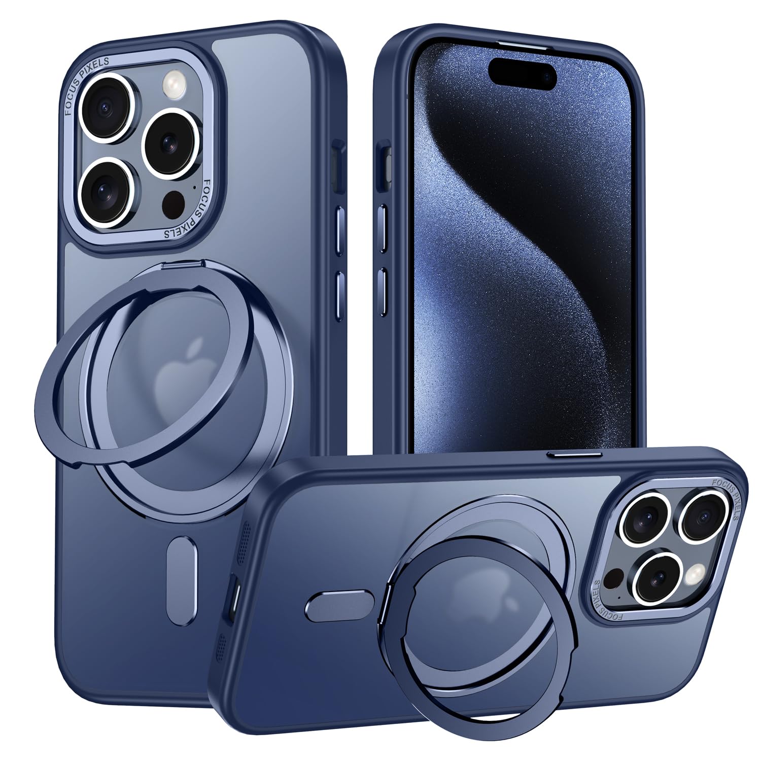 iPhone 11 Pro Max 適用 ケース Magsafe対応 アイフォン11プロマックス カバー 360°回転スタンド Uovon スマホケース アイホン 11promax 携帯ケース ワイヤレス充電 車載ホルダー 対応 ストラップ穴付き 半透明 指紋防止 黄?防止 ・ ブルー