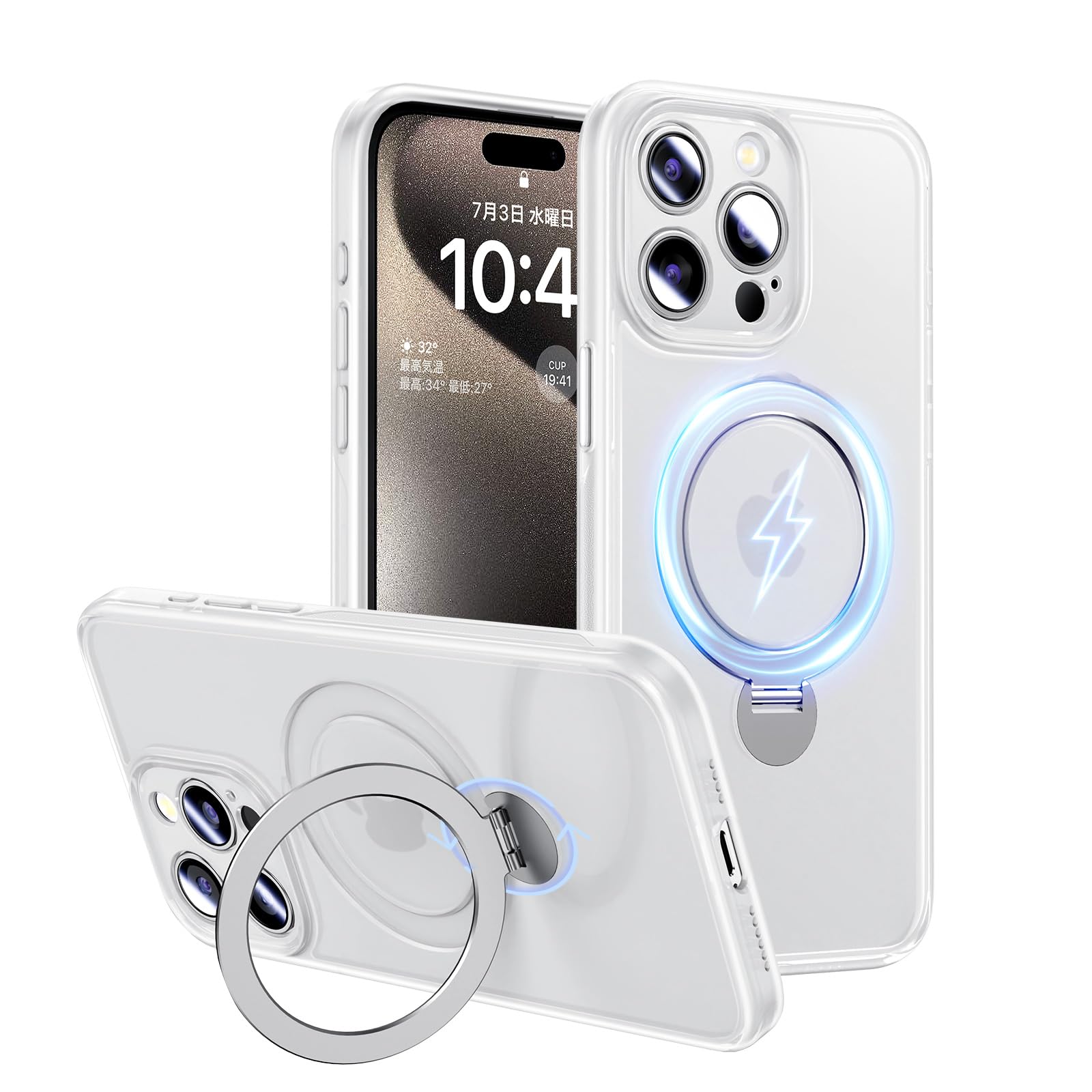 Magic John いphone15pro ケース MagSafe対応 隠し収納スタンド 360°回転 iPhone 15 Pro ケース 半透明 耐衝撃 ワイヤレス充電 TPU製フレーム ズレにくい ホコリ付きにくい アイフォン15プロ ケース ホワイト