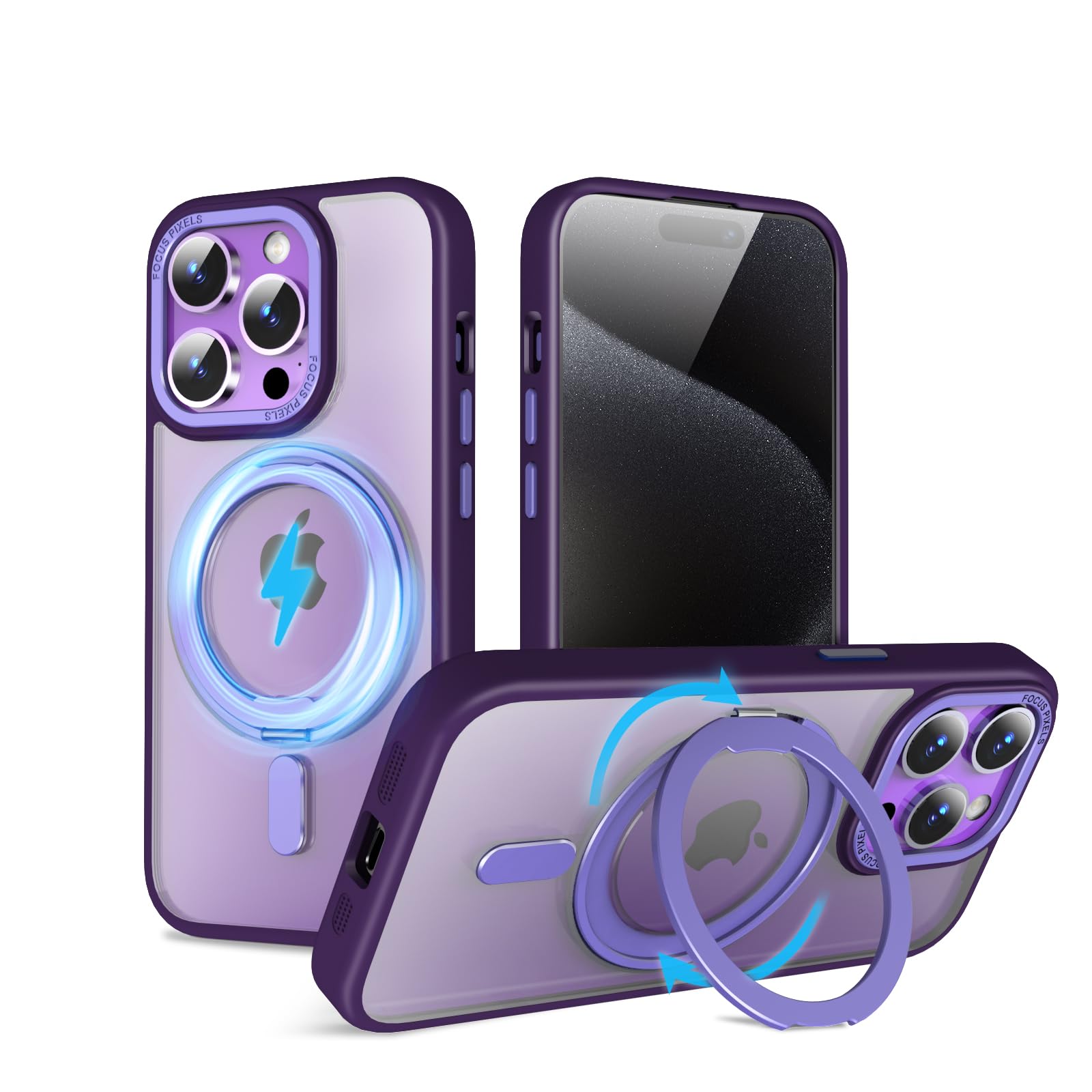 QUEASON【iPhone 15Pro 用 MagSafe対応 ケース】360°回転スタンド ワイヤレス充電対応 iphone 15 pro ケース リング付き 米軍MIL規格 いphone15pro ケース magsafe 超強磁力 落下防止iphone15pro ケース 耐衝撃 アイフォン15pro ケース 半透明 防指紋（パープル）