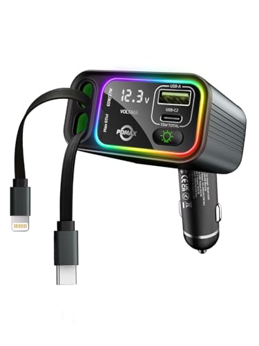 PDMAX 4-in-1 車載充電器 シガーソケット 90W USB 巻き取り式超急速充電カーチャージャー、USBケーブル2本付き(USB-C & Lightning)＆LEDの表示燈、USBポート2つ搭載 - iPhone16/15/14/13/12、Sharp AQUOS R9 /Wish 4/R8